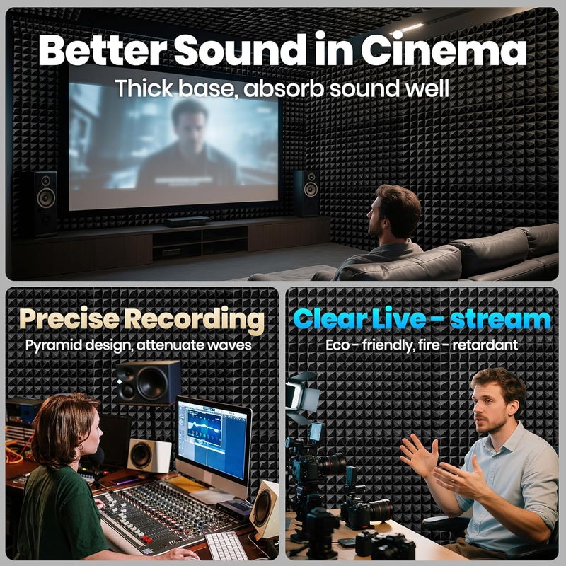 Focusound Acoustic Panels 50 Pack 2"x12"x12" with 300 PCS Double-Side Adhesive - Sound Proof Pyramid Foam for Walls, Home Studio Noise Absorption & Echo Control Kit - Image 2